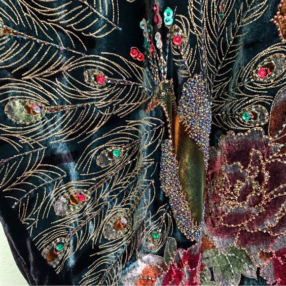 VINTAGE shawl cover up velvet beads embroidery peacock floral OS silk blend - Picture 5 of 16